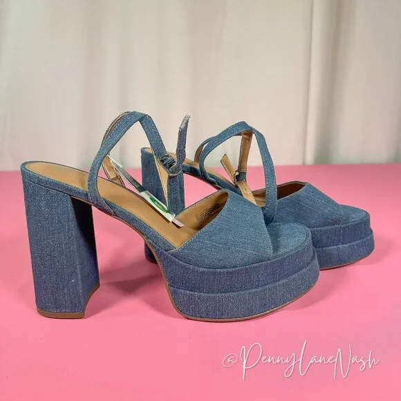 Wild Fable Chunky Block High Heels Denim Sandal Size10 Blue - Picture 6 of 11
